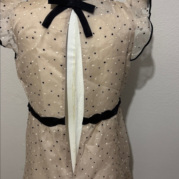 Valentino Beige Silk Polka Dots Embroidered Ruffle Sleeve Bow Waist Flare Dress - Picture 10 of 12